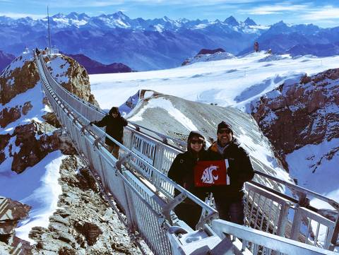 Image Title: On Europe's highest suspension bridge (10,000ft), at Glacier 3000. [Photo: Open Door Travelers]
