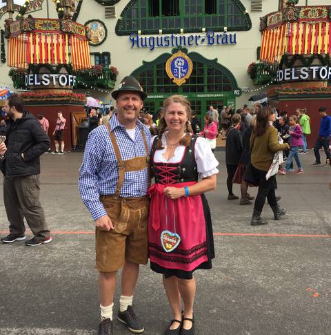Image Title: Dressed to Party Bavarian Style in [chafing] Lederhosen and Dirndl. [Photo: Open Door Travelers]