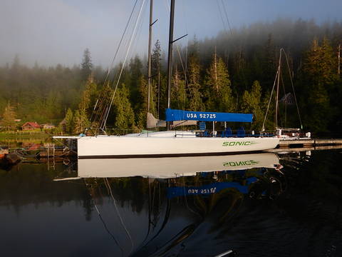 Image Title: Transpac 52, Sonic moored at Winter Harbor, BC. [Photo: Open Door Travelers]